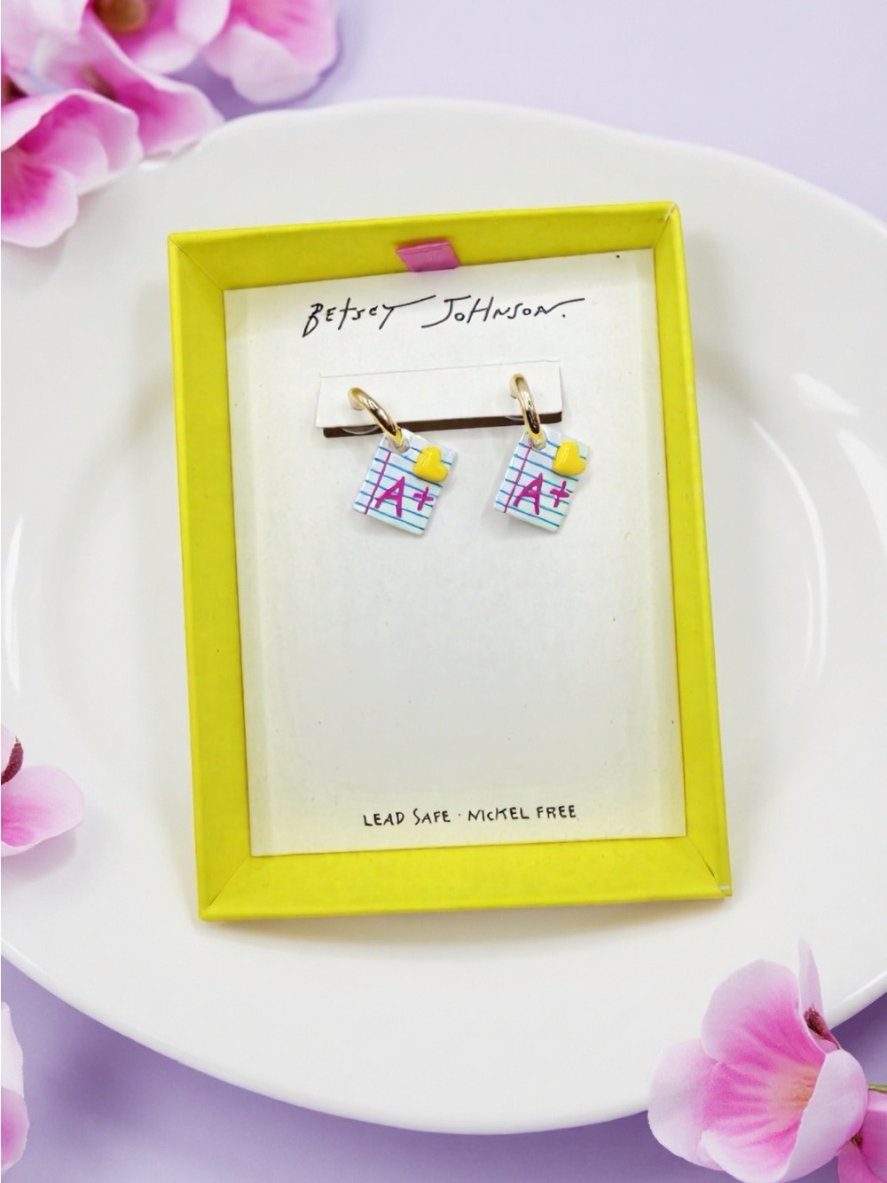 Betsey Johnson A+ Notebook with Yellow Heart Charm Huggies Earrings NWT & Box